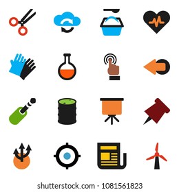 solid vector ixon set - washing powder vector, rubber glove, paper pin, presentation, target, oil barrel, newspaper, touchscreen, jack, heart pulse, flask, scissors, cloud exchange, arrow, route
