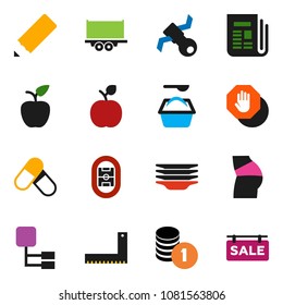 solid vector ixon set - washing powder vector, plates, pencil, corner ruler, apple fruit, coin stack, buttocks, pills, stadium, satellite, truck trailer, newspaper, hierarchy, stop, sale signboard