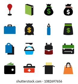 solid vector ixon set - washing powder vector, pasta, case, backpack, wallet, money bag, punching, doctor, shopping