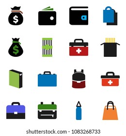 solid vector ixon set - washing powder vector, pasta, case, backpack, wallet, money bag, punching, doctor, shopping