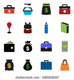 solid vector ixon set - washing powder vector, pasta, case, backpack, wallet, money bag, punching, doctor, shopping