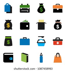 solid vector ixon set - washing powder vector, pasta, case, backpack, wallet, money bag, punching, doctor, shopping