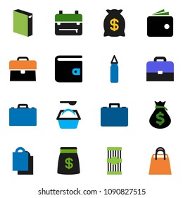 solid vector ixon set - washing powder vector, pasta, case, backpack, wallet, money bag, punching, shopping