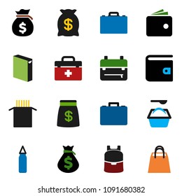 solid vector ixon set - washing powder vector, pasta, case, backpack, wallet, money bag, punching, doctor, shopping