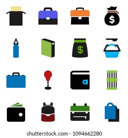 solid vector ixon set - washing powder vector, pasta, case, backpack, wallet, money bag, punching, shopping