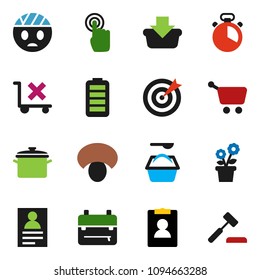 solid vector ixon set - washing powder vector, pan, cook timer, mushroom, backpack, personal information, no trolley, touchscreen, battery, head bandage, flower in pot, target, basket, cart, auction