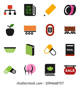 solid vector ixon set - washing powder vector, colander, cookbook, plates, pencil, apple fruit, buttocks, pills, stadium, Railway carriage, truck trailer, newspaper, hierarchy, mailbox