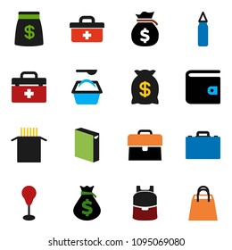solid vector ixon set - washing powder vector, pasta, case, backpack, wallet, money bag, punching, doctor, shopping