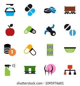 solid vector ixon set - washing powder vector, sprayer, colander, pasta, apple fruit, coin stack, buttocks, pills, Railway carriage, satellite, hierarchy
