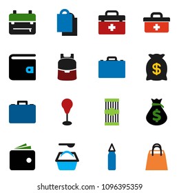 solid vector ixon set - washing powder vector, pasta, case, backpack, wallet, money bag, punching, doctor, shopping