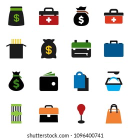 solid vector ixon set - washing powder vector, pasta, backpack, wallet, money bag, case, punching, doctor, shopping