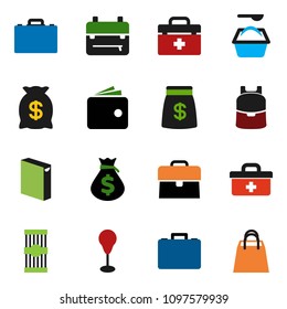 solid vector ixon set - washing powder vector, pasta, case, backpack, wallet, money bag, punching, doctor, shopping
