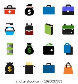 solid vector ixon set - washing powder vector, pasta, case, backpack, wallet, money bag, doctor, shopping