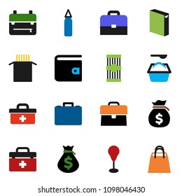solid vector ixon set - washing powder vector, pasta, case, backpack, wallet, money bag, punching, doctor, shopping