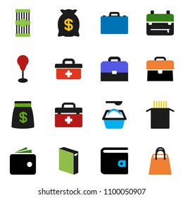 solid vector ixon set - washing powder vector, pasta, case, backpack, wallet, punching bag, doctor, money, shopping