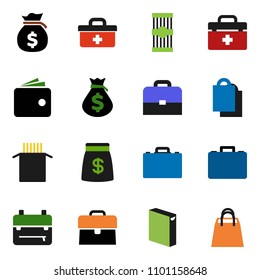 solid vector ixon set - washing powder vector, pasta, case, backpack, wallet, money bag, doctor, shopping