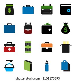 solid vector ixon set - washing powder vector, pasta, case, backpack, wallet, money bag, punching, doctor, shopping