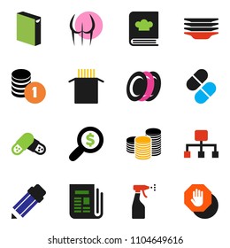 solid vector ixon set - washing powder vector, sprayer, plates, cookbook, pasta, pencil, coin stack, money search, buttocks, newspaper, pills, hierarchy, stop