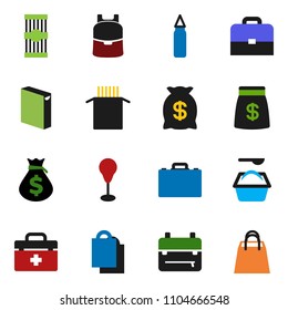 solid vector ixon set - washing powder vector, pasta, case, backpack, money bag, punching, doctor, shopping