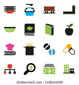 solid vector ixon set - washing powder vector, plates, colander, cookbook, pasta, corner ruler, apple fruit, money search, stadium, pills, Railway carriage, hierarchy, apartments