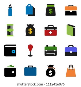 solid vector ixon set - washing powder vector, pasta, case, backpack, wallet, money bag, punching, doctor, shopping