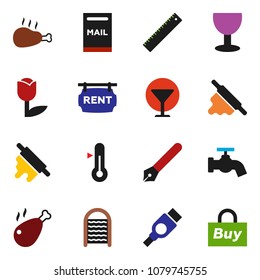 solid vector ixon set - water tap vector, washboard, rolling pin, thermometer, chicken leg, pen, ruler, glass, tulip, hdmi, mailbox, rent signboard, buy