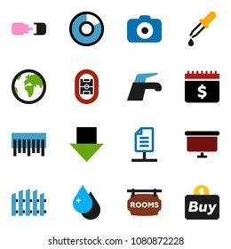 solid vector ixon set - water tap vector, drop, pie graph, arrow down, presentation board, dollar calendar, stadium, earth, barcode, camera, dropper, connection, network document, fence, buy