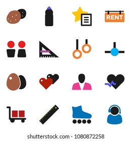 solid vector ixon set - water closet vector, egg, potato, corner ruler, roller Skates, bottle, gymnast rings, cargo, heart, pulse, connect, favorites, rent signboard, consumer, support