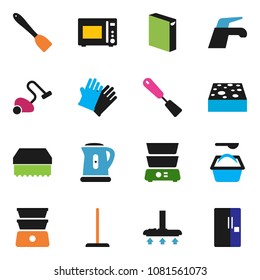 solid vector ixon set - water tap vector, vacuum cleaner, mop, sponge, washing powder, rubber glove, kettle, spatula, microwave oven, double boiler, fridge