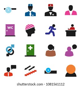 solid vector ixon set - water closet vector, student, stairways run, support, speaking man, doctor, gender sign, eye hat, head bandage, medical room, consumer