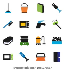 solid vector ixon set - water tap vector, vacuum cleaner, fetlock, mop, bucket, sponge, washing powder, microwave oven, double boiler, blender, fridge