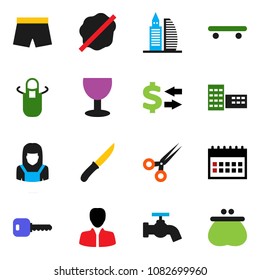 solid vector ixon set - water tap vector, splotch, cleaner woman, apron, knife, school building, exchange, manager, calendar, shorts, skateboard, glass, scissors, key, office, wallet