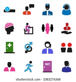 solid vector ixon set - water closet vector, student, man, run, support, client, speaking, gender sign, eye doctor hat, head bandage, medical room, consumer