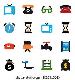 solid vector ixon set - water tap vector, washboard, glasses, alarm clock, abacus, money bag, sand, phone, big scales, tv, video camera, classic