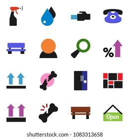 solid vector ixon set - water drop vector, sprayer, percent growth, consolidated cargo, top sign, classic phone, magnifier, broken bone, lan connector, bench, consumer, fridge, open