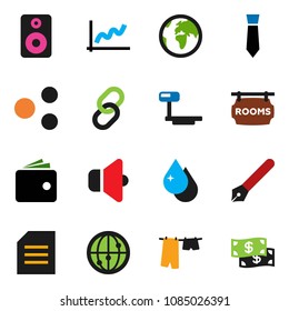 solid vector ixon set - water drop vector, drying clothes, pen, document, graph, wallet, tie, earth, big scales, speaker, internet, link, share, rooms signboard, cash