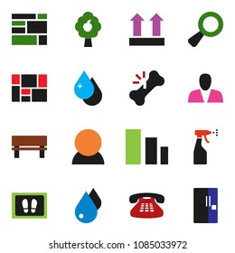 solid vector ixon set - water drop vector, welcome mat, sprayer, consolidated cargo, top sign, sorting, classic phone, magnifier, broken bone, bench, fruit tree, consumer, fridge