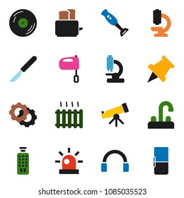 solid vector ixon set - water tap vector, mixer, toaster, blender, telescope, paper pin, disk, remote control, headphones, scalpel, microscope, gear, siren, heating, fridge