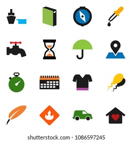 solid vector ixon set - water tap vector, washing powder, pen, compass, sand clock, stopwatch, t shirt, map pin, car, calendar, port, umbrella, flammable, dropper, sperm, love home
