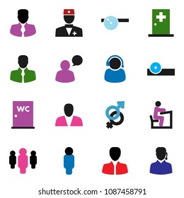 solid vector ixon set - water closet vector, student, manager, man, client, speaking, doctor, gender sign, eye hat, medical room, consumer, support
