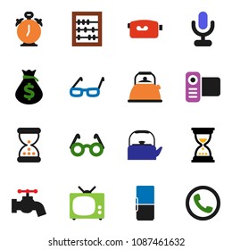 solid vector ixon set - water tap vector, kettle, glasses, alarm clock, abacus, money bag, sand, video camera, microphone, fridge, tv, phone