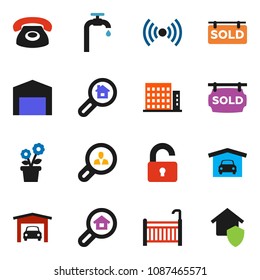 solid vector ixon set - water supply vector, garage, barn, sold signboard, apartments, search estate, client, unlock, crib, wireless, flower in pot, phone, home protect