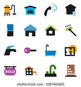 solid vector ixon set - water tap vector, vacuum cleaner, steaming, bath, home, key, house, cottage, garage, plan, sold signboard, fridge, smart, building