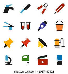 solid vector ixon set - water tap vector, vacuum cleaner, bucket, cook press, knife, rolling pin, mixer, paper, hand trainer, cinema clap, thumbtack, hdmi, thermometer, vial, microscope, fridge