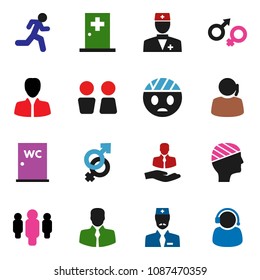 solid vector ixon set - water closet vector, manager, man, run, support, client, doctor, gender sign, head bandage, medical room