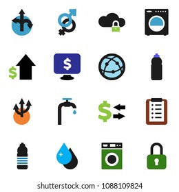 solid vector ixon set - water drop vector, washer, exchange, dollar growth, monitor, bottle, route, internet, gender sign, cloud lock, arrow, supply, shopping list