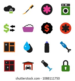 solid vector ixon set - water drop vector, car fetlock, window cleaning, washer, foam basin, shining, blender, exchange, dollar medal, bottle, ambulance star, cloud lock, garage