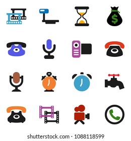 solid vector ixon set - water tap vector, alarm clock, money bag, phone, big scales, film frame, video camera, microphone, classic, sand