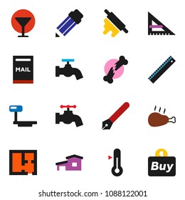 solid vector ixon set - water tap vector, rolling pin, thermometer, chicken leg, pen, pencil, corner ruler, glass, big scales, broken bone, cottage, mailbox, plan, buy