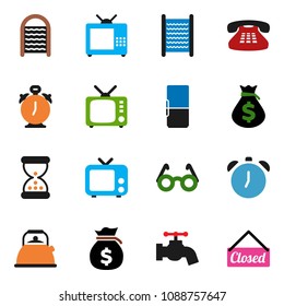 solid vector ixon set - water tap vector, washboard, kettle, glasses, alarm clock, money bag, tv, classic phone, sand, fridge, closed